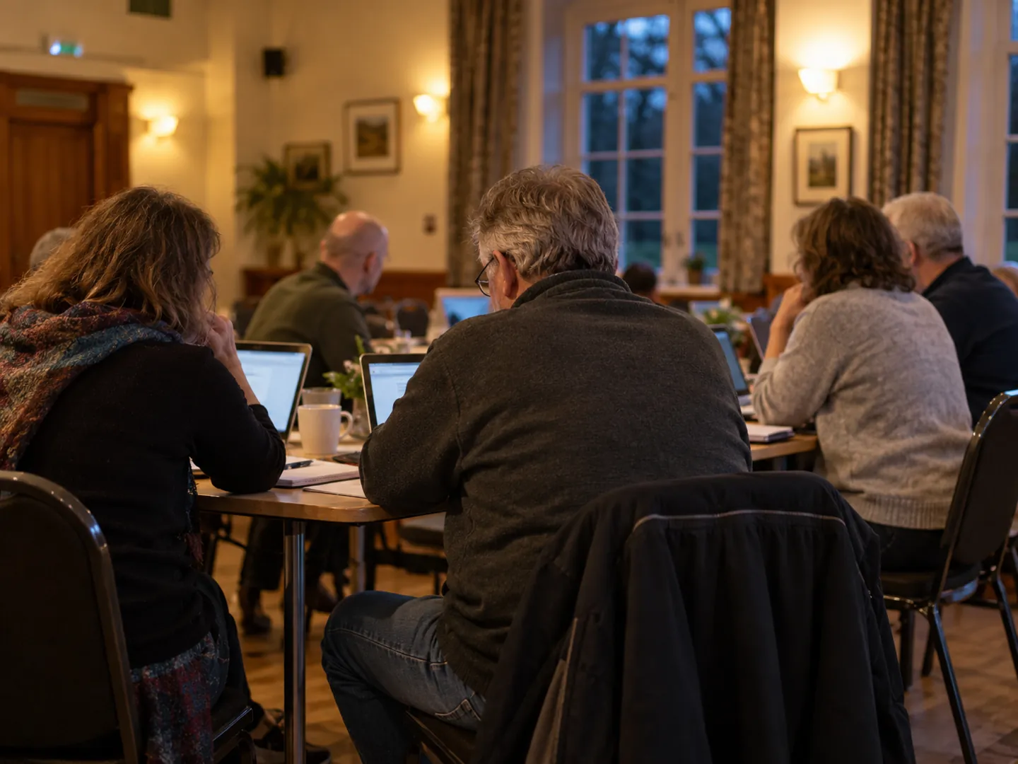 A small group of adults seen from behind around a table at a community club evening, laptops open