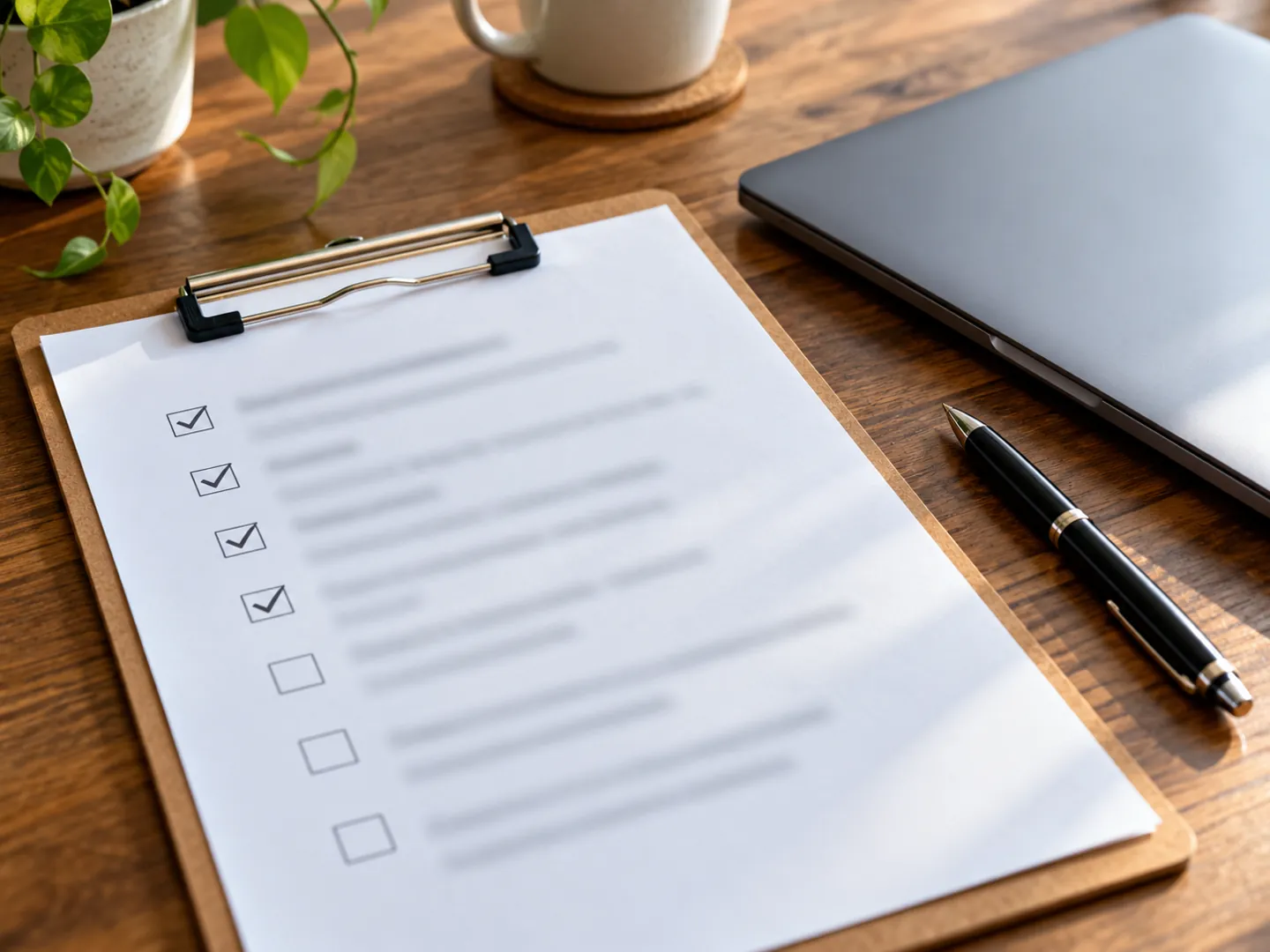 A printed checklist on a clipboard beside a laptop and a pen on a wooden table