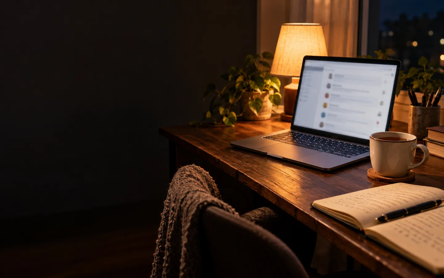A volunteer's desk at night with a laptop showing a blurred discussion board, a mug and a notebook of handwritten notes
